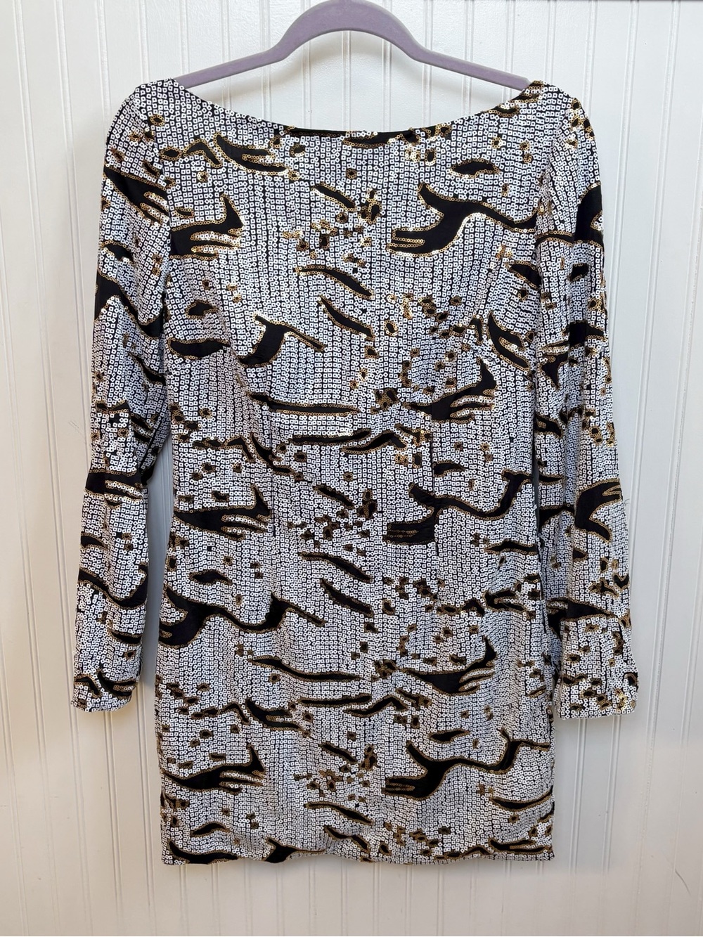 ALYCE Paris Sequin Mini Dress Women’s Size 6 Black White Gold Open Back